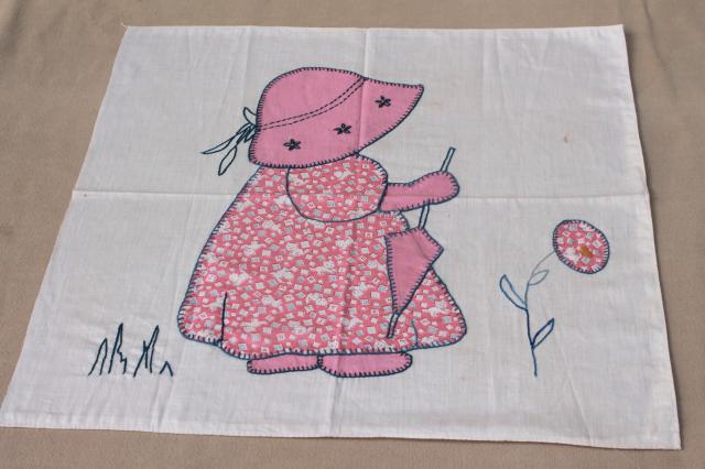 photo of Sunbonnet Sue patchwork applique quilt block, hand embroidered vintage cotton print fabric #1