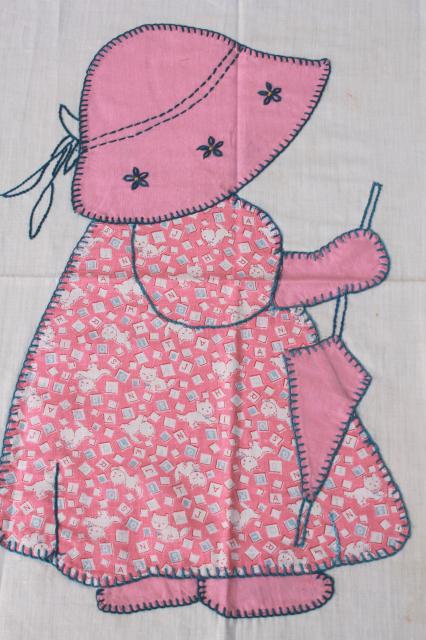 photo of Sunbonnet Sue patchwork applique quilt block, hand embroidered vintage cotton print fabric #2