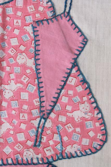 photo of Sunbonnet Sue patchwork applique quilt block, hand embroidered vintage cotton print fabric #3