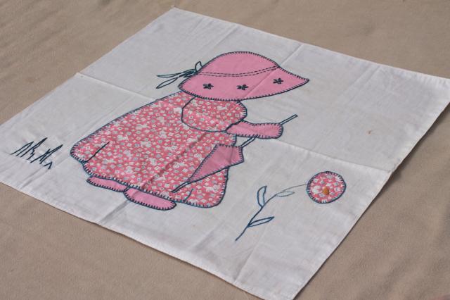 photo of Sunbonnet Sue patchwork applique quilt block, hand embroidered vintage cotton print fabric #5