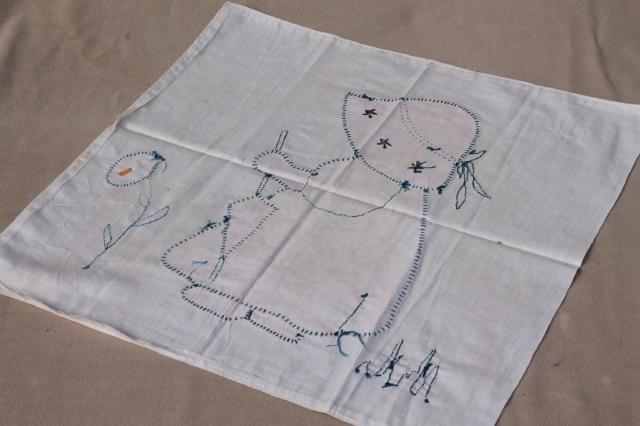 photo of Sunbonnet Sue patchwork applique quilt block, hand embroidered vintage cotton print fabric #6