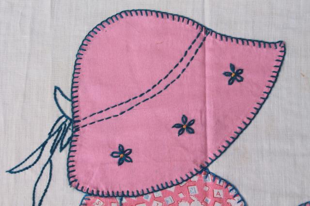 photo of Sunbonnet Sue patchwork applique quilt block, hand embroidered vintage cotton print fabric #7