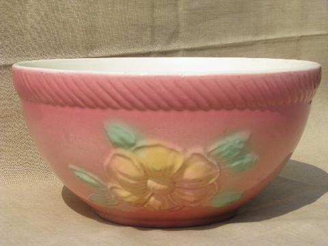 photo of Sunglow yellow flower pink Hull pottery mixing bowl, vintage kitchen #2