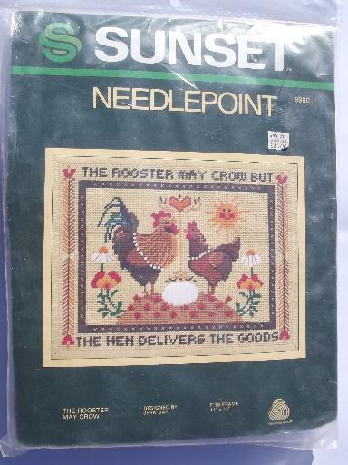 photo of Sunset wool yarn needlepoint kit w/ hen and rooster, rooster may crow - #1