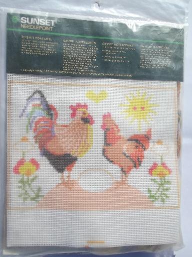 photo of Sunset wool yarn needlepoint kit w/ hen and rooster, rooster may crow - #2