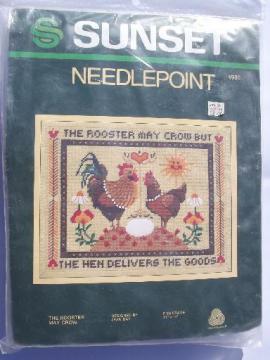 catalog photo of Sunset wool yarn needlepoint kit w/ hen and rooster, rooster may crow -