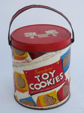 catalog photo of Sunshine Biscuits, vintage Toy Cookies tin, bucket w/ metal handle