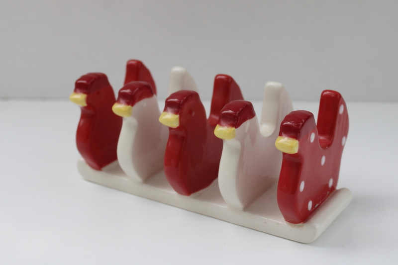 photo of Sur le Table ceramic chickens toast rack, polka dotted red white hens French country kitchen #1
