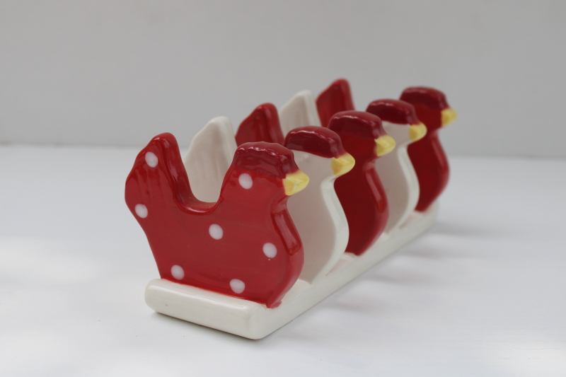 photo of Sur le Table ceramic chickens toast rack, polka dotted red white hens French country kitchen #2