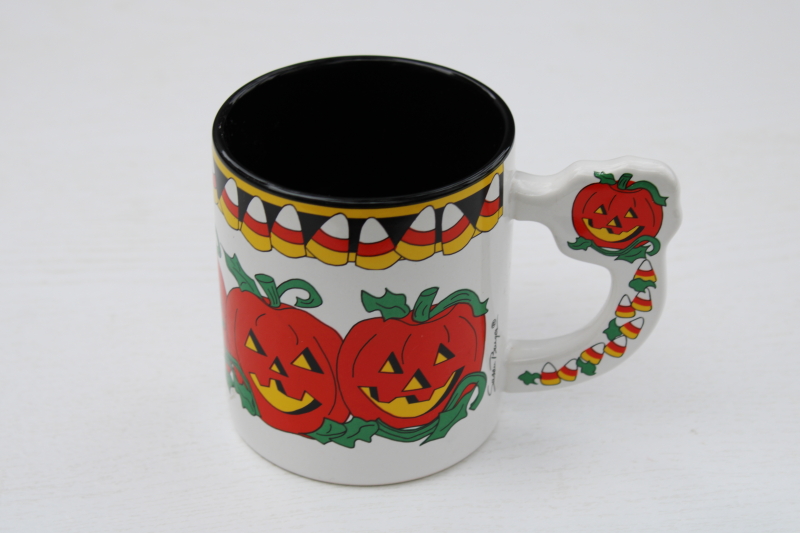 photo of Susan Barger Halloween mug 1990s vintage ceramic mug made in Korea candy corn jack o lanterns #1