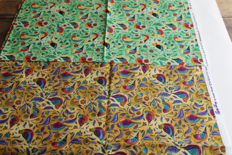 photo of Susan Winget colorful birds print cotton quilting fabric, Gypsy Song pattern in two colorways #1
