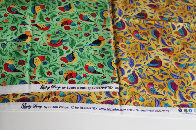 photo of Susan Winget colorful birds print cotton quilting fabric, Gypsy Song pattern in two colorways  #2