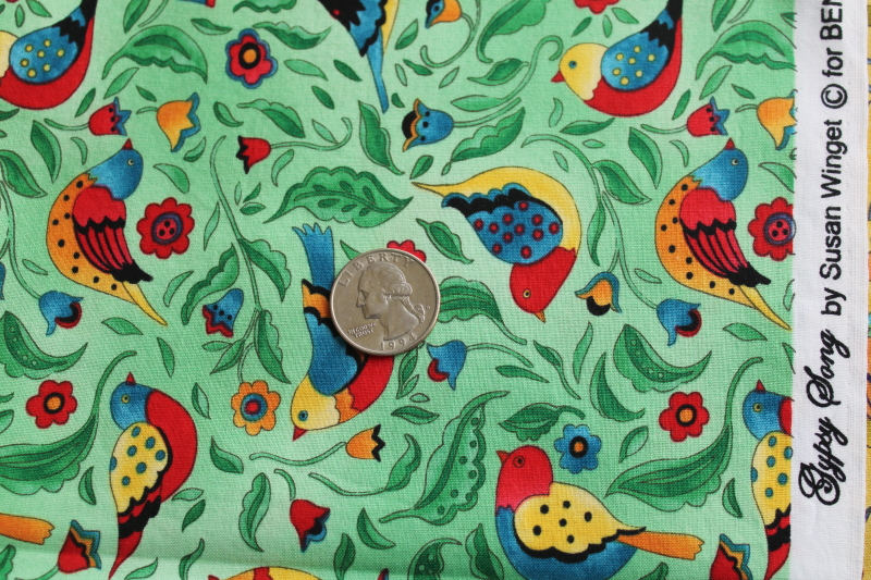 photo of Susan Winget colorful birds print cotton quilting fabric, Gypsy Song pattern in two colorways  #3