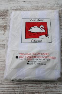 catalog photo of Swan Lake cotton blend pillowcases in original package, ivory on white print shadow stripe fabric 