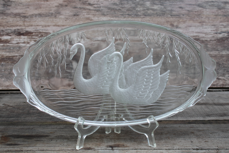 photo of Swan Serenade L E Smith vintage pressed glass tray, frosted swans on crystal clear glass  #1