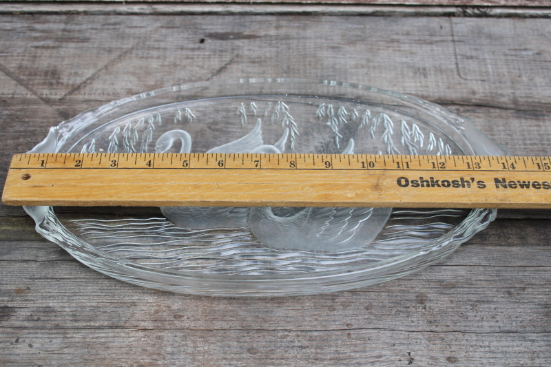 photo of Swan Serenade L E Smith vintage pressed glass tray, frosted swans on crystal clear glass  #4