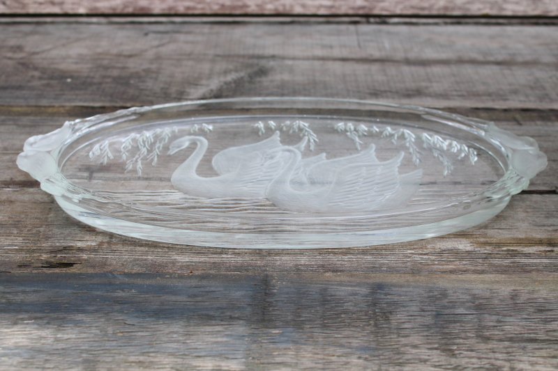 photo of Swan Serenade L E Smith vintage pressed glass tray, frosted swans on crystal clear glass  #5