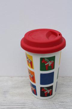 catalog photo of Swedish Dala horse print travel cup coffee mug Sagaform ceramic tumbler w/ silcone lid