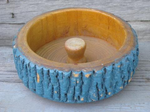 photo of Swedish country vintage blue paint wooden nut bowl, old wood log w/bark #1