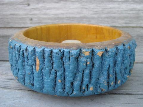 photo of Swedish country vintage blue paint wooden nut bowl, old wood log w/bark #3