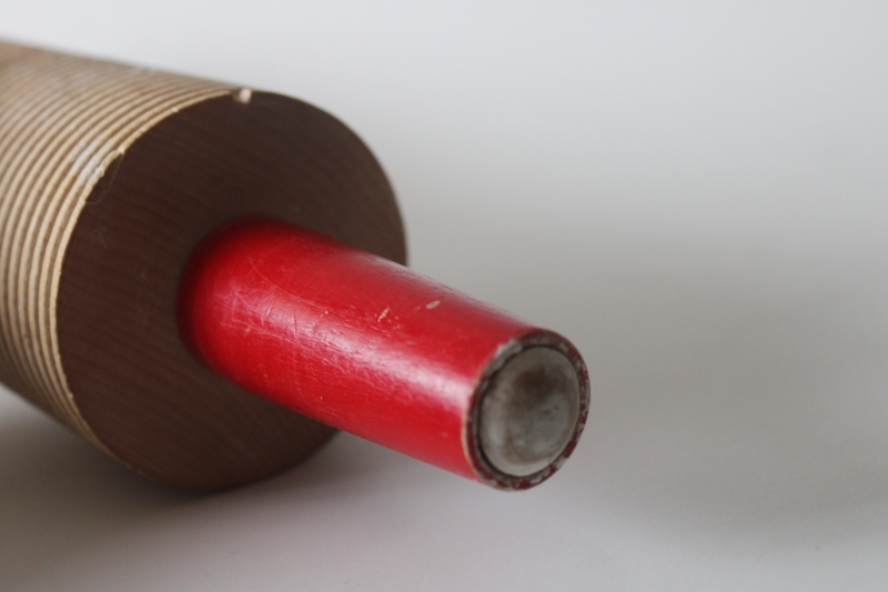 photo of Swedish lefse rolling pin, ridged hardwood rolling pin w/ red painted wood handles  #3