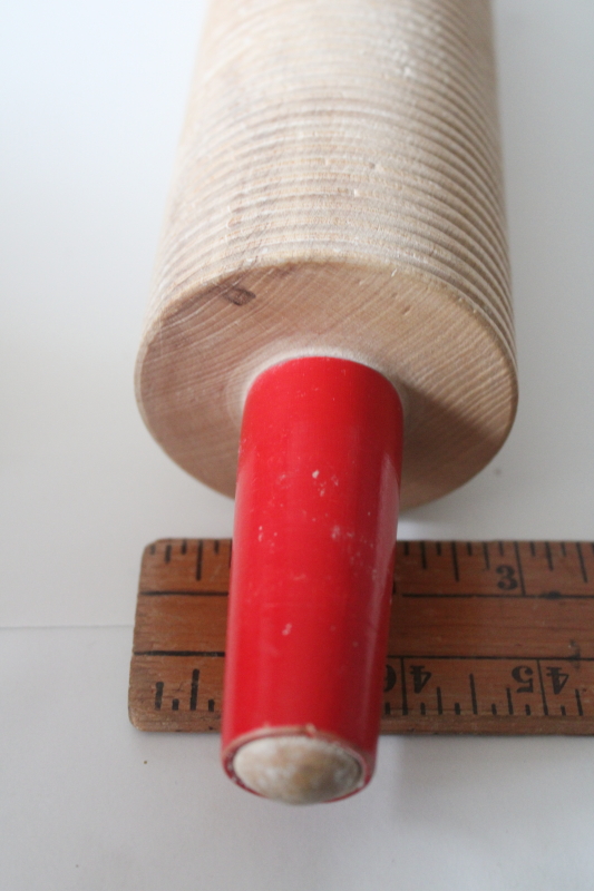 photo of Swedish lefse rolling pin, ridged hardwood rolling pin w/ red painted wood handles  #6