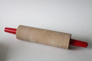 Swedish lefse rolling pin, ridged hardwood rolling pin w/ red painted wood handles 