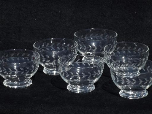 photo of Swedish modern vintage Anchor Hocking glass bowls, etched Laurel wheel cut #1