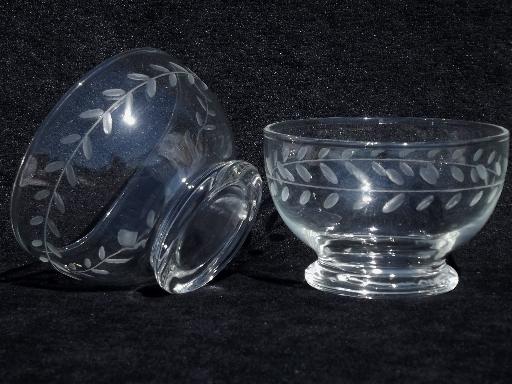 photo of Swedish modern vintage Anchor Hocking glass bowls, etched Laurel wheel cut #2