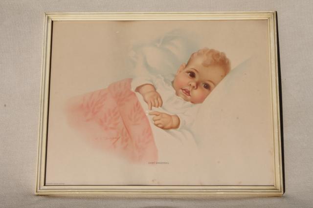 photo of Sweet Awakening vintage baby picture, retro calendar art type print for nursery, new mother #1