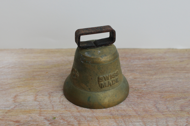 photo of Swiss Made vintage goat or cow bell, heavy solid brass bell souvenir of Switzerland #1