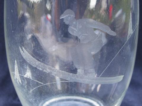 photo of Swiss or German etched crystal glass decanter bottle, alpine skier, hand-numbered #4