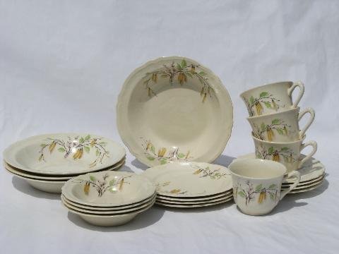 photo of Sylvan birch and pussy willows pattern, vintage Knowles china dishes set for 4 #1