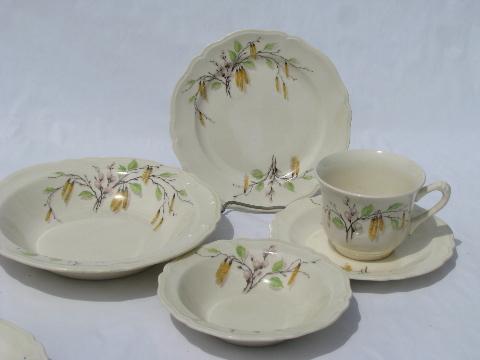 photo of Sylvan birch and pussy willows pattern, vintage Knowles china dishes set for 4 #2