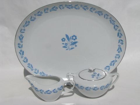 photo of Symphony in Blue flowers on white china for 8, vintage cottage floral dishes #2