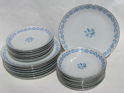 photo of Symphony in Blue flowers on white china for 8, vintage cottage floral dishes #3