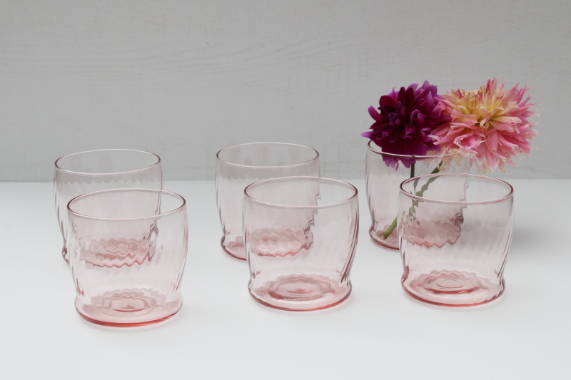 photo of Symphony swirl optic pattern old fashioned rocks glasses set of 6, vintage Wheaton rose pink glass #1