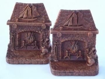 catalog photo of Syroco Orna wood type composition fireplace book ends, vintage Multi Products