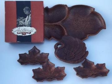 catalog photo of Syroco Orna wood type composition leaf dishes and tray, vintage Multi Products
