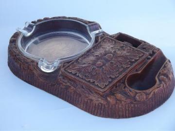 catalog photo of Syroco Orna wood type composition oak leaf smoking set, vintage Multi Products