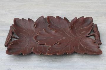 catalog photo of Syroco Wood tray autumn leaves leaf pattern tray for dresser or desk, mid-century vintage