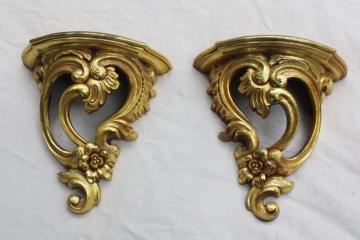 Syroco gold plastic wall bracket shelves pair, ornate rococo scrolls vintage french country style 