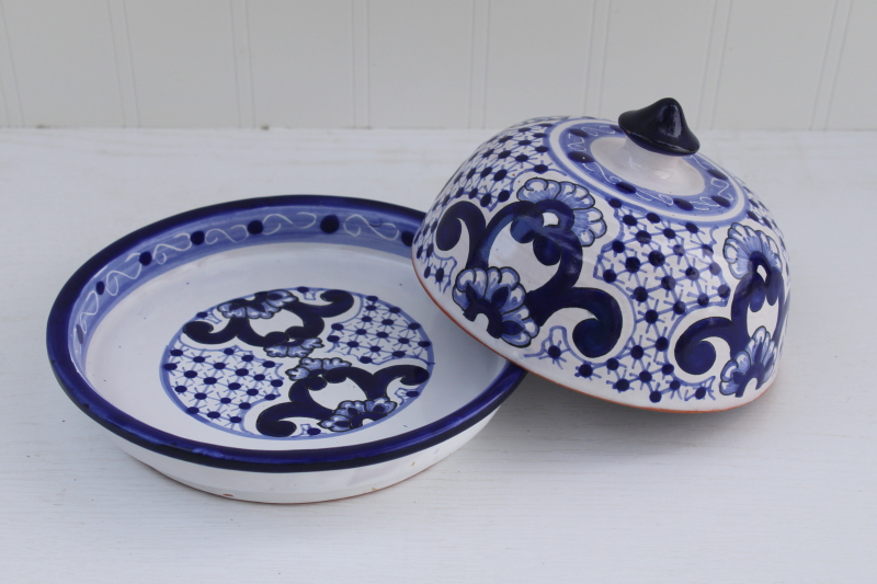 photo of Talavera Mexican pottery round covered butter or cheese dish, hand painted blue white plate w/ cover dome #1