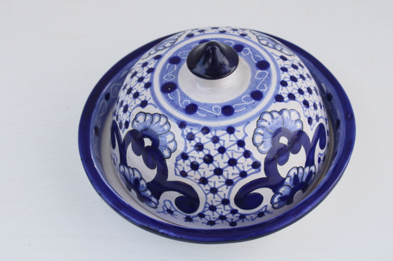 photo of Talavera Mexican pottery round covered butter or cheese dish, hand painted blue white plate w/ cover dome #2