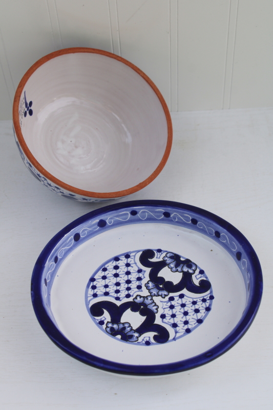 photo of Talavera Mexican pottery round covered butter or cheese dish, hand painted blue white plate w/ cover dome #4