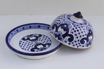 catalog photo of Talavera Mexican pottery round covered butter or cheese dish, hand painted blue white plate w/ cover dome