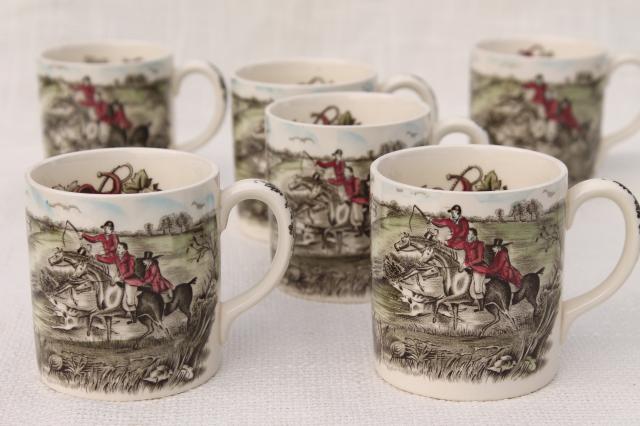 photo of Tally Ho English hunt scene coffee mugs, vintage Johnson Bros china set of six cups #1