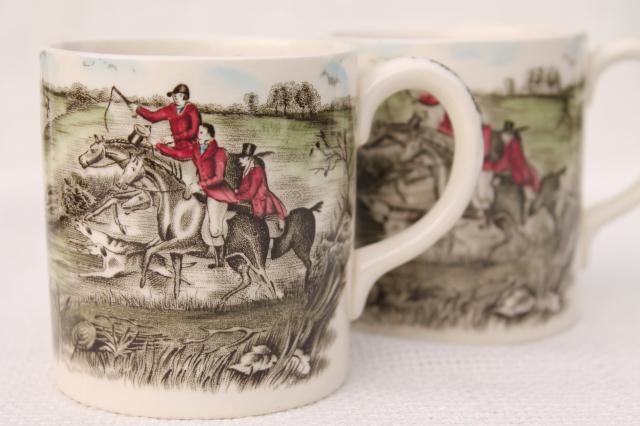 photo of Tally Ho English hunt scene coffee mugs, vintage Johnson Bros china set of six cups #2