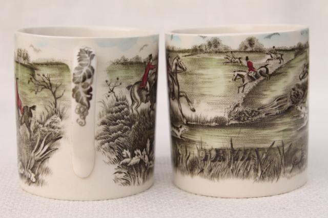 photo of Tally Ho English hunt scene coffee mugs, vintage Johnson Bros china set of six cups #3