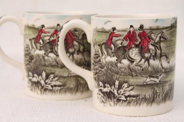 photo of Tally Ho English hunt scene coffee mugs, vintage Johnson Bros china set of six cups #4